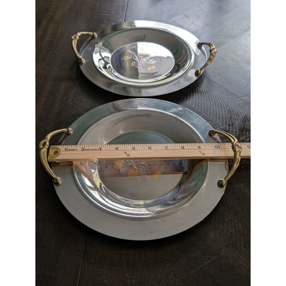 Serving Bowl Charger Dish Shiny Mirrored Floral Design w Gold Tone Handle (2) - Picture 3 of 11